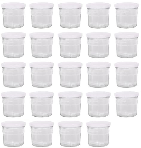 Argon Tableware Glass Jam Jars with Airtight White Lids - 130ml - Pack of 24 - Empty Screw Top Kitchen Storage Jar for Food, Honey, Spice, Pickling, Preserving, Candle Making