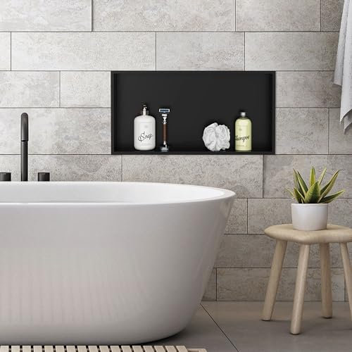 LuxeBath Niche de Douche Encastrée Murale, 60x30x10 cm, en Acier Inoxydable, Noir, Étanche, Étagère avec Cadre Salle de Bain, Encastrable, Seule Couche, Rangement Articles Toilette, Matériel Montage