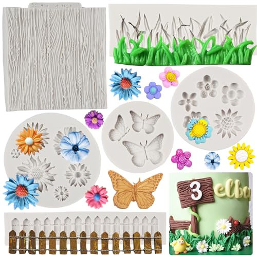 FCKEMLDS Set di 6 stampi in silicone a forma di erba verde, per decorazione di torte, cupcake, cioccolato, caramelle, pasta di zucchero, margherite, fiori