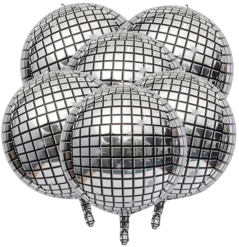 6 Pcs Disco Balloons, 22 Inches Giant Silver Balloons, 4D Foil Disco Ball Balloons, 70s Disco Party Decorations, Round Large Balloons for Disco Party,Birthday Party,Festival Decor