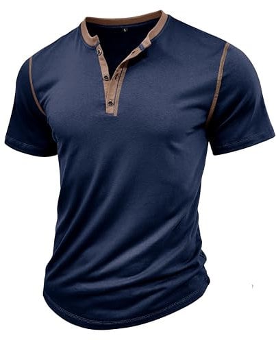 MakingDa Dark Blue Mens Henley Shirts Vintage Short Sleeve Muscle Gym Summer Button Plain Golf Grandad Shirt Casual Classic Breathable Lightweight Regular-Fit Work Casual Smart Tops L