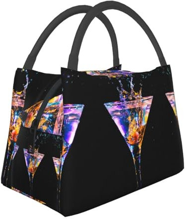 KSANNNS A Glass of Cocktail Printed Portable High-Capacity Insulated and Refrigerated Lunch Handbag