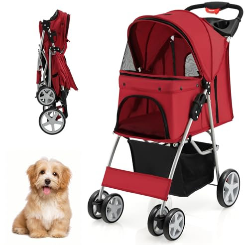GOPLUS Haustierwagen, Klappbarer Katzen- & Hundebuggy mit Korb & Ablage, Verstellbarem Verdeck, Geländegängigen EVA-Rädern, Tragbarer Reisewagen für kleine & mittelgroße Haustiere (Rot)