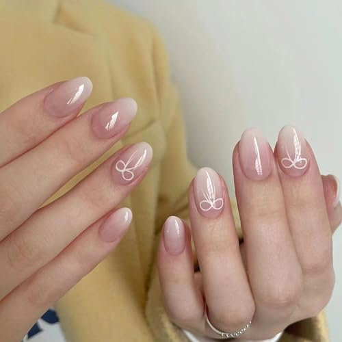 BoloShine 24pcs French False Nails, Press On Nails, Pink Butterfly Bow, 12 Sizes, Glossy Full Cover Acrylic Nail Tips, Removable French Fake Nails Stick On Nail for Girls Women