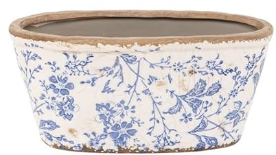 ROCKING GIFTS Macetero Plano de Ceramica Oval Flores Azul 23x11 cm