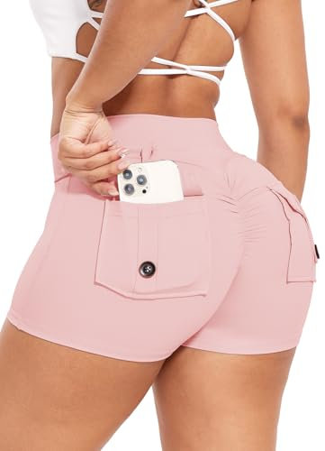 RIOJOY Damen Gym Shorts Booty Scrunch Sport Shorts V Cross Waist Kurze Leggings Hose mit Tasche Pink M