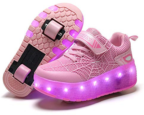 WDRHC Jungen Mädchen Doppelrad Skateboard Schuhe mit LED Blinkend Schuhe mit Rollen Skate Automatisch Einziehbar Komfort Outdoor Sportschuhe für Kinder Die Spinnenschuhe