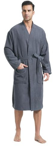 FashGudim Terry Cloth Robes for Men Big and Tall Short Mens Kimono Robe Super Absorbent Spa Bathrobe Calf Length With Pockets（Grey,L/XL）