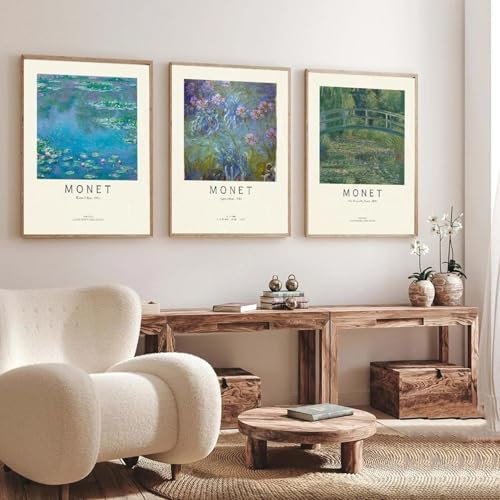FOKTMS Berühmte Monet-Klassiker auf Leinwand, Poster und Drucke, Wandkunst, Bilder für Schlafzimmer, Büro, Heimdekoration, Leinwanddrucke, 50 x 70 cm, 3 Stück, ohne Rahmen