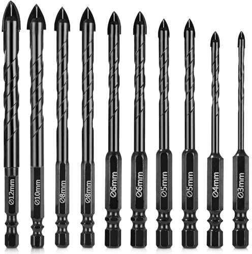 10 Pcs Brocas Porcelanico, Juego de Brocas para Azulejos, Taladro de Vidrio con Vástago Hexagonal, Broca para aAzulejos, Cerámica, Albañilería, Vidrio, Plástico, Madera, Porcelana, 3-12 mm