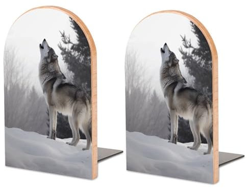 1 paire de serre-livres en bois, motif loup hurlant, serre-livres épais et serre-livres de rangement de bureau