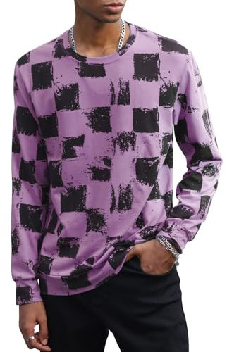 PCEAIIH Men's T-Shirt Printed Tee Fashion Top Round Neck Long Sleeves Casual Graffiti Hip Hop Checkerboard Tops Light Purple