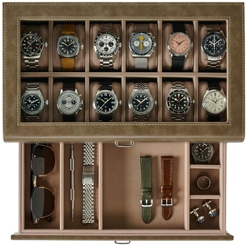 TAWBURY 12-Fach-Uhrenbox mit Aufbewahrungsschublade – Premium-Uhrenaufbewahrungsbox für Herren & Damen | Handgefertigt aus PU-Leder & Konstruktionsholz (Taupe)