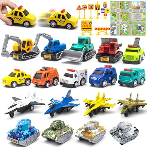 Mostop 18 Pcs Pull Back Cars Spielzeug,Friction Powered Die Cast Cars Spielzeug für Kleinkinder mit Spielmatte, Assorted Mini-Metall-Fahrzeug-Set mit Stadtautos,Lastwagen, Armee-Panzer und Flugzeuge