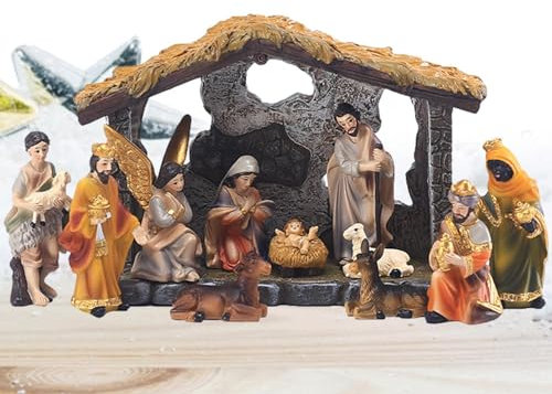 Generico Set Natività da 12 Pezzi per Natale al Coperto, da Tavolo Statuine in Resina per Presepe Reale e Figure Collezione di Decorazioni Religiose per Presepe