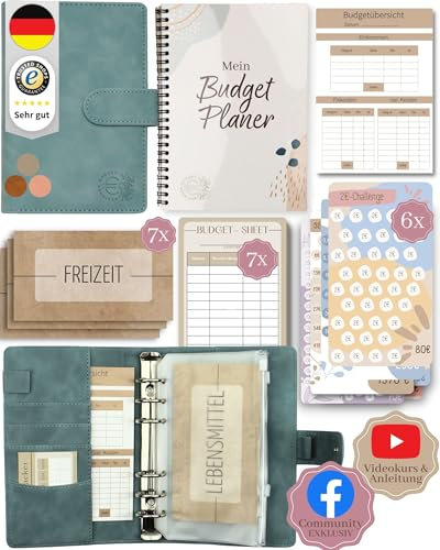 BeginnerBudget® Budget Planner Deutsch - Starterset mit Sparchallenge + Budgetplaner (144 Seiten) - Sparen mit Umschlagmethode + Anleitung Ringbuch, Binder A6 Wildleder, vegan (Hellblau)