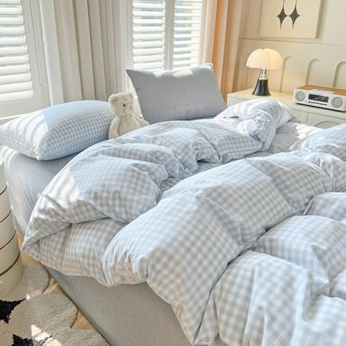 Bettwäsche 140x200 Blau Weiß Kariert Mädchen Bettbezug Kissenbezug 70x90 cm | Landhausstil Style,Bettwäsche-Sets,ÖKO-TEX,Karo,Gingham,Geometrische,Gewaschene Mikrofaser,Einzelbett,Reißverschluss,2teilig