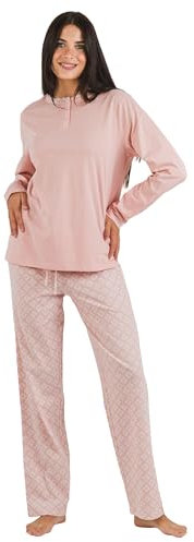 TRAMAS+ Pigiama da Donna 100% Cotone, Maglietta a Maniche Lunghe e Pantaloni Lunghi con Vita Regolabile, Set da Donna- L, Checo Rosa