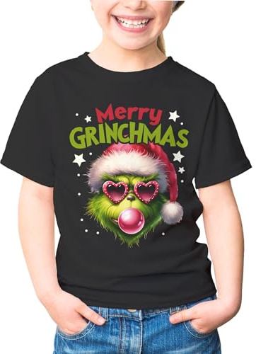 MoonWorks® Kinder T-Shirt Weihnachten Mery Grinchmas Weihnachtsshirt Mädchen Weihnachtsoutfit Schwarz 129-140 (9-10 Jahre)