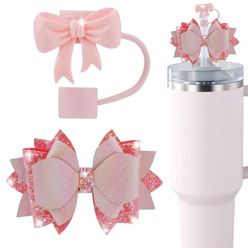 Bow Straw Topper & 10mm Straw Cover Cap, Pink Glitter Bow Straw Top Lid Reusable Cute Silicone Straw Tip Cover Water Bottle Accessories Creative DIY Gifts for Most Cups with Handles or Straws