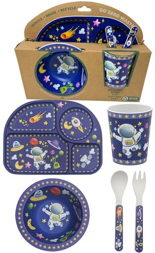 Vajilla infantil de 4 piezas con cuenco, tenedor, cuchara, plato y taza de materiales reciclados HTUK (espacio)