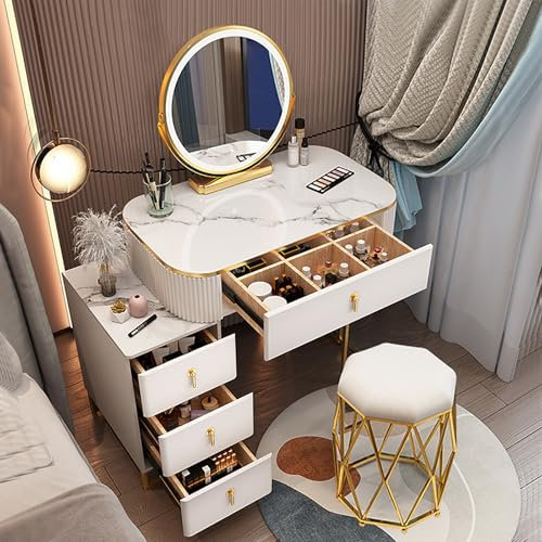 DGPBD Schminktisch Mit Hocker Set, Moderner Schminktisch Mit Touch Sensor LED Licht, Runder Spiegel, Schubladen - Kompakte Kommode Für Schlafzimmer