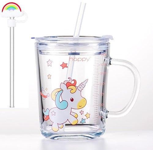 Tazza di Latte con Bilancia, Tazza da latte per bambini con cannuccia, Bicchiere con Cannuccia e Coperchio, unicorno, 350 ml