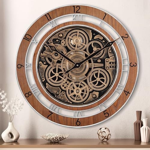 Lafocuse 53cm Vintage Wanduhr Groß mit Beweglichen Zahnrädern Braun, Holz Industrial Steampunk Uhr Retro Deko mit Arabische und Römische Ziffern, XXL Wanduhren Gross für Wohnzimmer Küche Bar