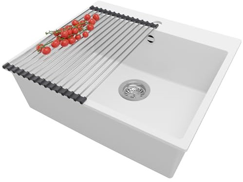 PRIMAGRAN Fregadero Cocina Blanco 58x50cm, Granito 1 Seno + Sifón + Enrollable Escurridor, Sobre encimera al mueble 60cm - Riga