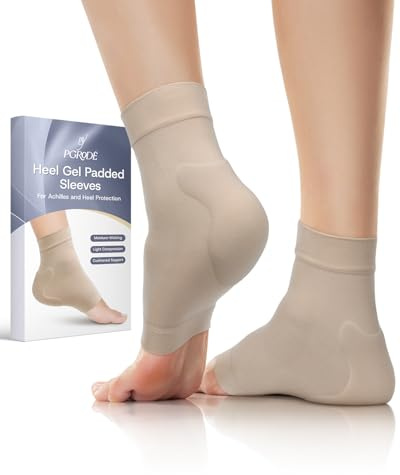PGRODE Achilles Tendon Sleeve with Silicone Heel Protector Cushion Pad, Achilles Tendonitis Support Compression Socks for Women Plantar Fasciitis, Bursitis, Heel Pain Relife, 1 Pair (Beige)
