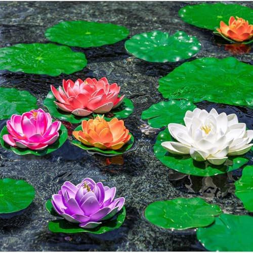 Seerosen Künstlich, 6 Stück naturgetreue Wasserlilien, Teichpflanzen aus langlebigem Kunststoff, Perfekte schwimmende künstliche Seerosen für Teich, Pool, Aquarium Gartendeko