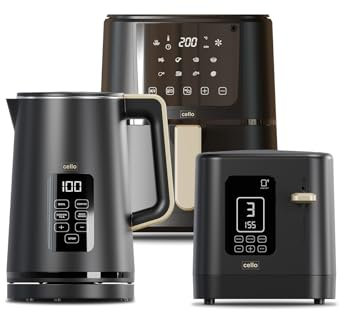 Cello Black Kitchen Bundle: 1.7L 3000W Kettle with Temperature Control & LED Display | 800W 2 Slice Toaster with Digital Timer & High Lift | 4L 1400W Air Fryer with 8 Presets & Touch Control