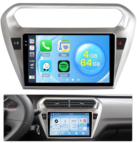 Roinvou 4+64G Autoradio 9'' für Peugeot 301/Citroen Elysee 2013-2018 | Wireless Carplay Android Auto, Incell Touchscreen, GPS Navi Bluetooth EQ WIFI, RDS FM SWC, Rückfahrkamera