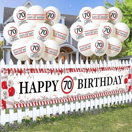 Tasoraor Deko 70 Geburtstag Frauen Männe - Große Happy 70 Birthday Banner und Rot Weiße Luftballons, Lustige Verkehrsschild Design Partyzubehör für 70 Jahre Geburtstagsdeko