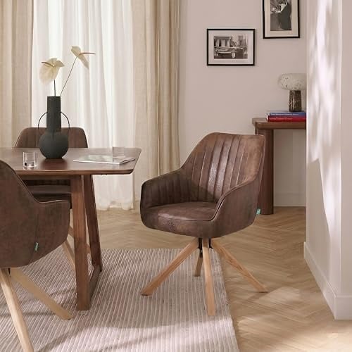 DUBI Möbel Esszimmerstühle 2er Set 360° drehbar mit Rückstellfunktion, Taschenfederkern, hoher Sitzkomfort, bis 150 kg belastbar, Wildleder Braun, Eiche Massivholzgestell geölt (Natur), Mika-Luis