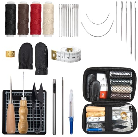 WUTA 31-Piece Leather Sewing & Repair Kit with Waxed Thread, Needles, Awl, Thimble & Pouch for Sofa, Shoe, Upholstery & DIY Hand Stitching