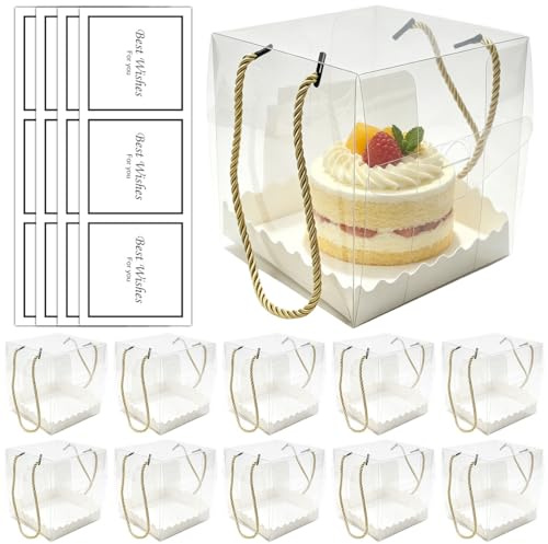 Linzerry 10 Stück Tortenschachtel Geschenkbox Durchsichtig 14x14x14cm torten Transport Box mit 12 Aufkleber Transparent Tortenbox Cake Box Transportbox für Kleine Kuchen Dessert Geschenk Geburtstag