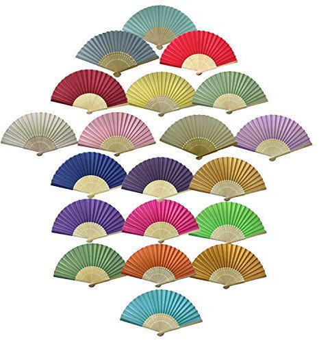 Gothi Creations Silk Hand Fans, Pack of 6 Mixed Colour Silk Fabric Hand Fans with Bamboo Ribs Wedding Party Favour Church Gifts