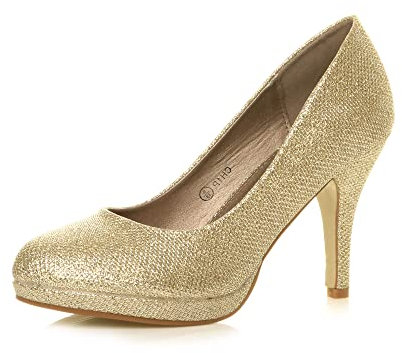 Ajvani Womens Ladies mid high Heel Platform Work Evening Court Shoes Pumps, 3 UK, Gold Glitter Mesh