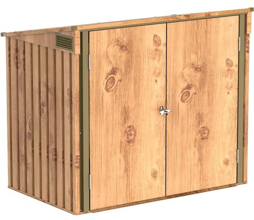 Duramax Mülltonnenbox für 2, Unterstand für 2 Mülltonnen mit Öffnung von oben und abschließbaren Doppeltüren, Lagerunterstand aus Metall, Verstecke für rollende Mülltonnen, Holzmaserung