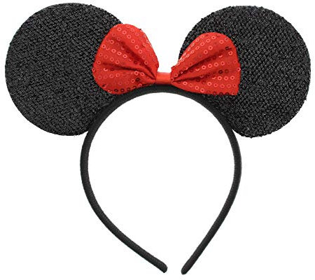 Zac's Alter Ego Glitter Mouse Ears Headband with Red Sequin Bow - Sparkly Costume Accessory for Theme Parks and Parties