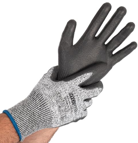 FRANZ MENSCH 100 paar Schnittschutzhandschuhe Cut Safe, Arbeitshandschuhe Größe S, 1/4 PU-Beschichtung, Schnittschutzlevel D, Schnittfeste Handschuhe, Grau-Schwarz in XS, S, M, L, XL, XXL & XXXL