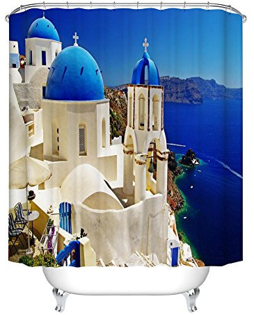 Fangkun Individueller Badezimmer-Duschvorhang – Polyester-Hausdekoration mit Blick auf die klassische Kirche mit blauen Kuppeln Oia Santorini Griechenland – 12 Duschhaken