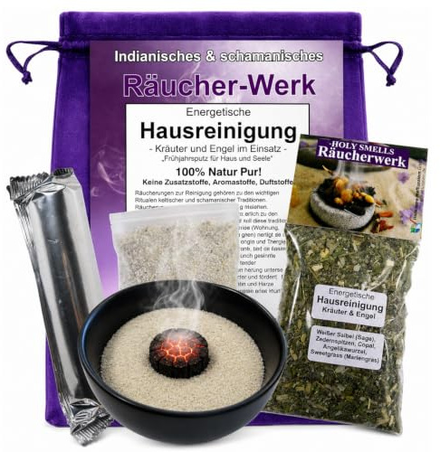 Energetische HAUSREINIGUNG räuchern 6-TLG Räucher-Set mit Räuchermischung zum Ausräuchern NEGATIVER Energien in Haus, Wohnung KRÄUTER & Engel. 10cm RÄUCHERSCHALE, Anleitung, Zubehör.