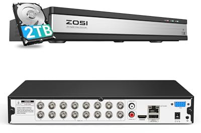 ZOSI 1080p Lite 16 Channel Security DVR Recorder, H.265+ Hybrid 4-in-1(Analog/AHD/TVI/CVI) CCTV DVR for Security Camera, AI Human/Vehicle Detection, Remote Access, Email Alarm, 2TB Hard Drive Included