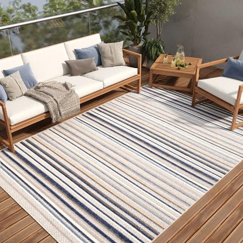 TAPISO Patio Teppich Outdoor Indoor Grau Mehrfarbig Linien 80 x 150 cm | strapazierfähiger Teppich UV-beständig Flachgewebe Sisaloptik Robust Wetterfest Terrasse Wintergarten Balkon OEKO-TEX