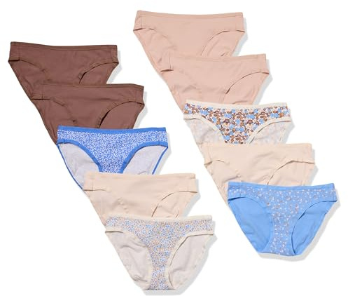 Amazon Essentials Damen Unterwäsche Bikini Slips Baumwolle (in Übergröße erhältlich), 10er Pack, Mehrfarbig/Floral/Punkte/Streublumen, 34