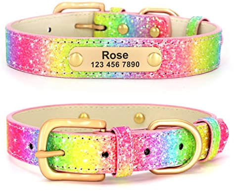 Didog Glitzer-Hundehalsband, personalisierbar, PU-Leder mit glitzernden Pailletten, personalisierbares Hundehalsband mit graviertem Namensschild kleine, mittelgroße Hunde und Katzen, Regenbogen, S