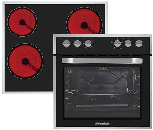 Weceleh Elektroherd mit Glaskeramik Kochset, 63L Schnellheizungsofen mit Grill, 6000W Keramik Kochfeld mit Knopf, Edelstahlrahmen, Timer, Kindersicher, Selbstreinigung [Energieklasse A]