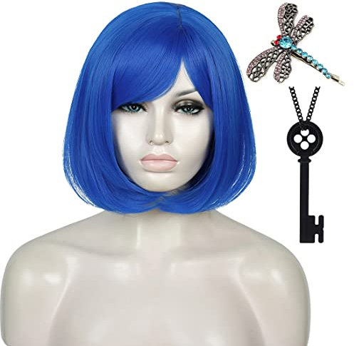 Damen Kurze Blau Perücke, ATAYOU Glatt Blau Bob Perücke mit Schmetterling Haarspange und Schwarz Knopf Schlüssel Halskette für Coraline Halloween Cosplay Kostüm